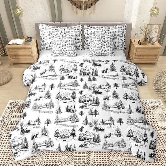 Homewish Western Rustic Cabin Twin Bedding Sets 7-Piece for Child, Jungle Bear Wildlife Bedding Comforter Set, Black Cartoon Tree Reversible Sheet Sets, Breathable Home Decor
