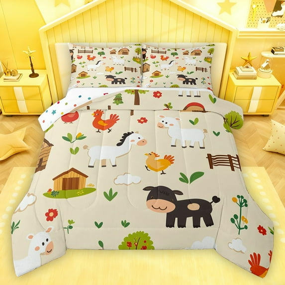 Homewish Western Rustic Farmhouse Bedding Comforter Set,Cartoon Horse Chicken Twin Comforter Sets,Cute Daisy Flower Bedding Set For Girls Teens,Super Cozy Room Decor Reversible,2 Pieces