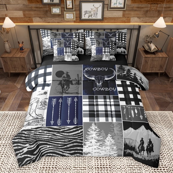 Homewish Western Rustic Hunting Bedding Comforter Set 7pcs, Tribal Hippie Cowboy King Bedding Sets, Grey Navy Farmhouse Reversible Bed Sheets, Luxury Bedroom Decor