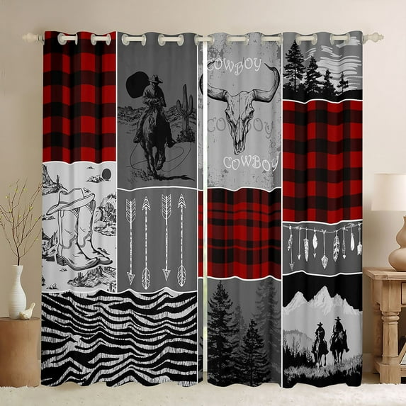 Homewish Western Rustic Hunting Curtains Pack of 2 (42x84 Each), Tribal Hippie Cowboy Curtains Blackout, Grey Red Farmhouse Bedroom Curtains, Window Curtains Decor