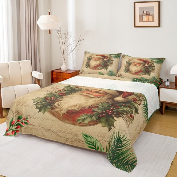 Homewish Western Santa Claus Queen Sheet Sets for Child, Winter Plant Botanical Flat Sheet, Vintage Christmas Theme Queen Fitted Sheet, Super Cozy Room Decor, 4-Piece