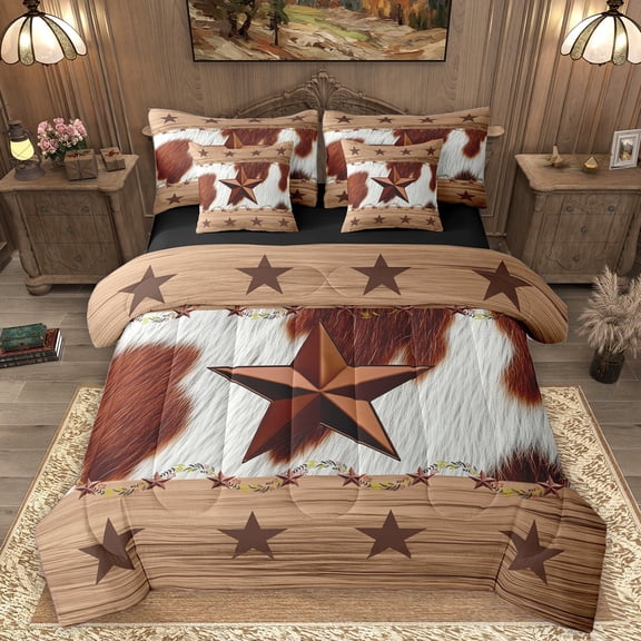 Homewish Western Texas Stars 7 Pieces Bedding Comforter Set For Adults Boys Girls,Cow Print Full Bedding Set Lightweight,Retro Rustic Cabin Fitted Sheet Flat Sheet,Luxury Bedroom Decor,Reversible