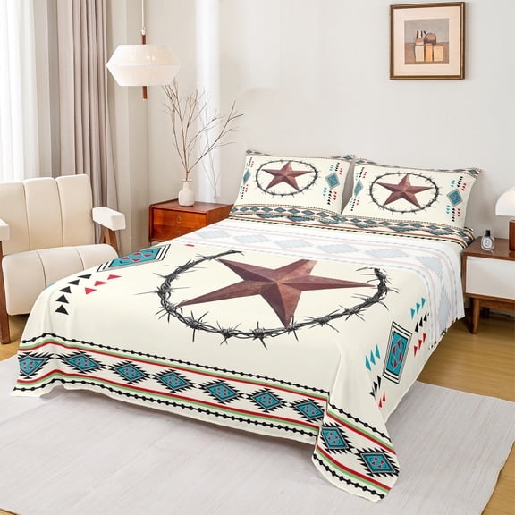 Homewish Western Texas Stars Full Size Sheets, Bohemian Tribal Aztec Bed Sheets, Retro Hippie Triangle Sheet Sets, Lightweight Room Decor, 4pcs