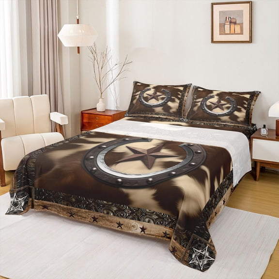 Homewish Western Texas Stars Full Size Sheets, Tribal Hippie Rustic Bed Sheets, Countryside Style Sheet Sets, Super Cozy Room Decor, 4-Piece