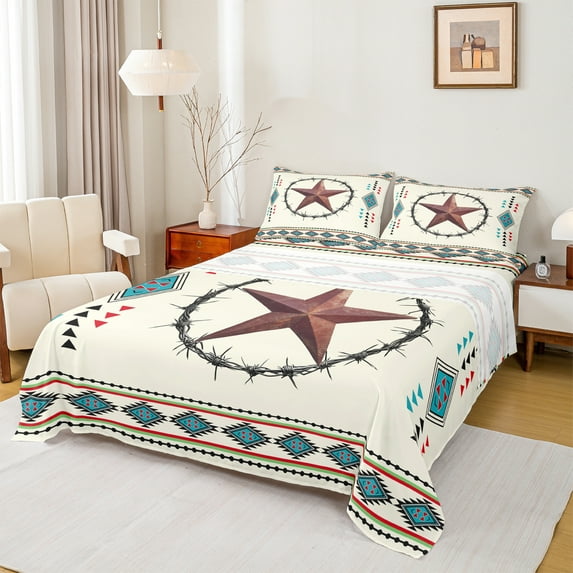 Homewish Western Texas Stars Queen Sheet Sets, Bohemian Tribal Aztec Flat Sheet, Retro Hippie Triangle Queen Fitted Sheet, Lightweight Room Decor, 4pcs