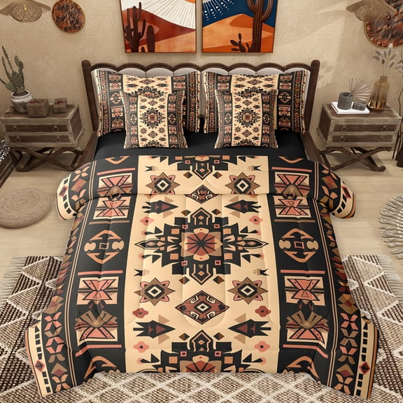 Homewish Western Tribal 7-Piece Bedding Comforter Set,Retro Rustic Aztec King Bedding Sets,Brown Black Bed Sheets For Girls Boys,Microfiber Bedroom Decor Reversible
