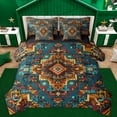 thumbnail image 1 of Homewish Western Tribal Aztec Bedding Comforter Set 7pcs, Vintage Mandala Rustic Queen Bedding Sets, Teal Orange Triangle Reversible Queen Sheet Sets, Lightweight Room Decor, 1 of 7