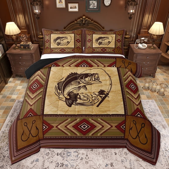 Homewish Western Tribal Aztec Bedding Comforter Set for Men, Hunting Animal Pike Fish Twin Comforter Sets, Bohemian Mandala Reversible Bedding Set, Microfiber Bedroom Decor, 2pcs