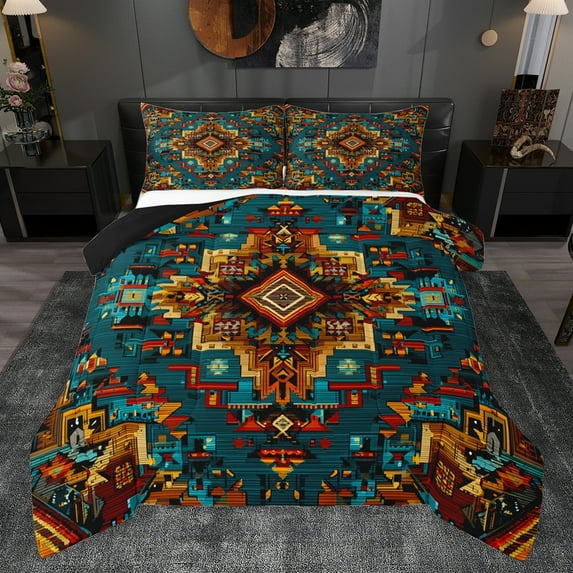 Homewish Western Tribal Aztec Full Size Comforter Sets, Vintage Mandala Rustic Bedding Comforter Set, Teal Orange Triangle Reversible Bedding Sets, Lightweight Room Decor, 3pcs