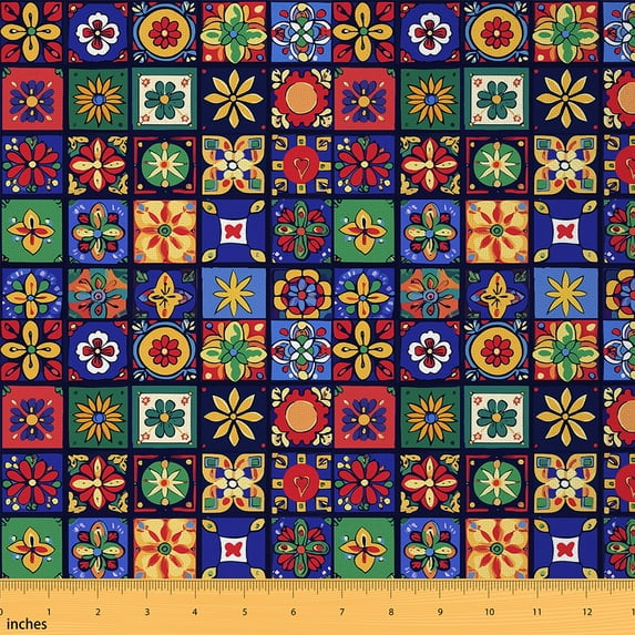 Homewish Western Tribal Damask Fabric by the Yard 2 Yards for Adult, Bohemian Flower Floral Sewing Fabric, Hippie Mandala Patchwork Fabric for Sewing, Microfiber Bedroom Decor