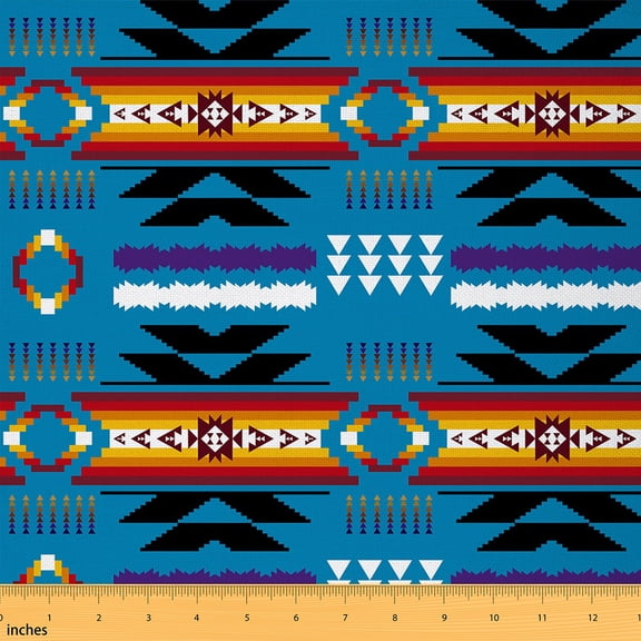 Homewish Western Tribal Fabric by the Yard 1 Yard,Rustic Aztec Home Decor Fabric by the Yard,Blue Orange Black Sewing Fabric For Girls Boys,Microfiber Bedroom Decor