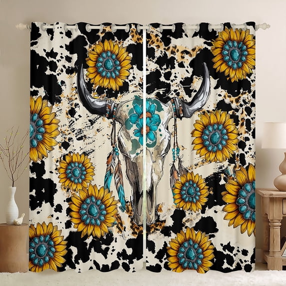 Homewish Western Vintage Bull Skull Blackout Curtains Set of 2 (52x84 Each) for Teens,Chic Floral Sunflowers Window Curtains,Famhouse Animal Cow Print Curtains and Drapes,Ultra Soft Home Decor