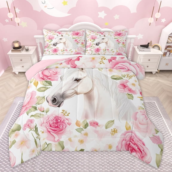 Homewish Western White Horse Bedding Comforter Set for Women, Romantic Pink Rose Twin Comforter Sets, Kawaii Rustic Animal Reversible Bedding Set, Luxury Bedroom Decor, 2 Pieces