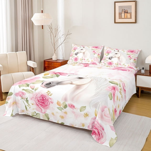 Homewish Western White Horse Twin Sheet Sets for Women, Romantic Pink Rose Twin Fitted Sheet, Kawaii Rustic Animal Flat Sheet, Luxury Bedroom Decor, 3 Pieces