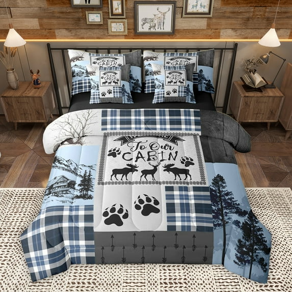 Homewish Western Wildlife Reindeer Bedding Comforter Set 7 Pieces, Blue Grey Plaid Full Bedding Set, Retro Rustic Cabin Reversible Fitted Sheet Flat Sheet, Lightweight Room Decor