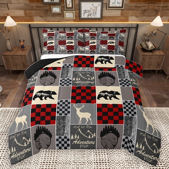 Homewish Western Wildlife Reindeer Bedding Comforter Set, Woodland Animal Twin Comforter Sets, Grey Red Rustic Farmhouse Reversible Bedding Set, Ultra Soft Bedroom Decor, 2pcs