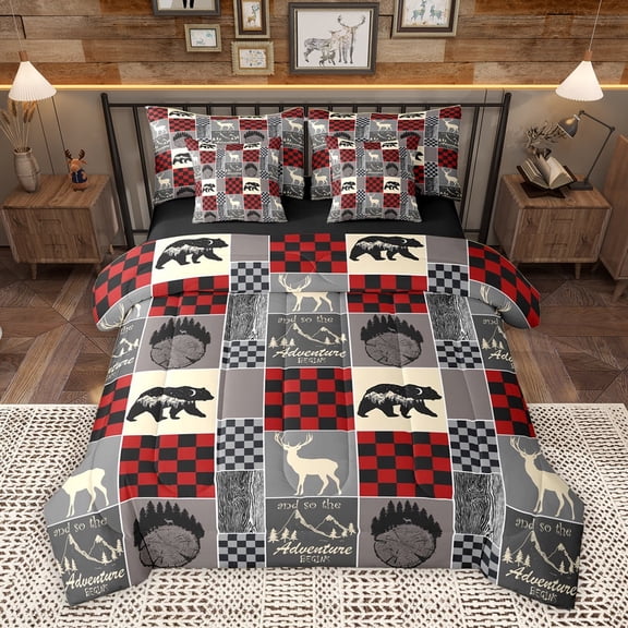 Homewish Western Wildlife Reindeer Twin Bedding Sets 7-Piece, Woodland Animal Bedding Comforter Set, Grey Red Rustic Farmhouse Reversible Sheet Sets, Ultra Soft Bedroom Decor