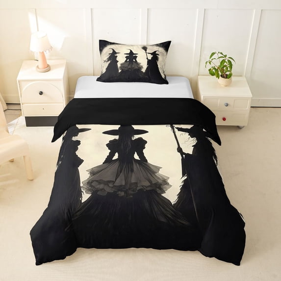 Homewish Western Witch Twin Duvet Cover for Kids, Vintage Spooky Halloween Moon Twin Bedding, Black Reversible, 2-Piece, 1 Duvet Cover and 1 Pillowcase