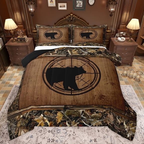 Homewish Western Woodland Bear Queen Comforter Set, Jungle Hunting Wildlife Bedding Sets, Countryside Cabin Reversible Bedding Comforter Set, Super Cozy Room Decor, 3pcs