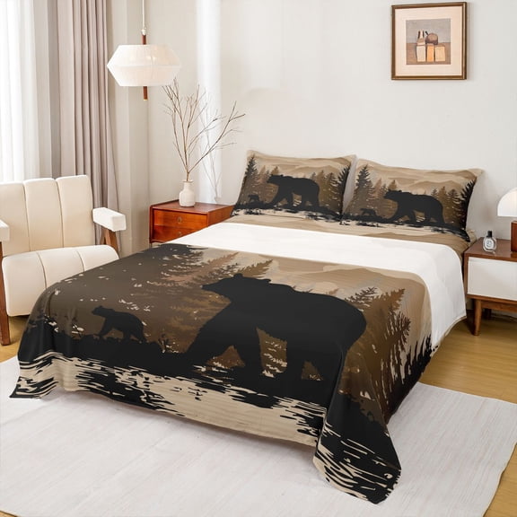 Homewish Western Woodland Bear Twin Sheet Sets, Jungle Wildlife Twin Fitted Sheet, Rustic Farmhouse Animal Flat Sheet, Lightweight Room Decor, 3pcs