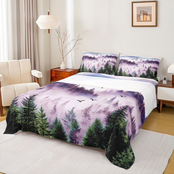 Homewish Wetsern Farmhouse Adult Queen Sheet Sets, Pink Jungle Tree Flat Sheet, Rustic Nature Scenery Queen Fitted Sheet, Breathable Home Decor, 4-Piece