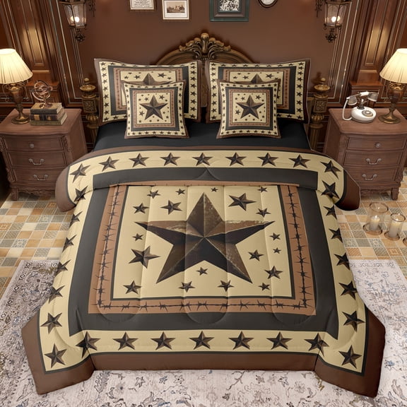 Homewish Wheat Texas Stars Bedding Comforter Set 7pcs, Hippie Western Fashion King Bedding Sets, Rustic Farmhouse Reversible Bed Sheets, Microfiber Bedroom Decor