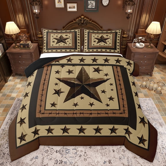 Homewish Wheat Texas Stars Bedding Comforter Set, Hippie Western Fashion Twin Comforter Sets, Rustic Farmhouse Reversible Bedding Set, Microfiber Bedroom Decor, 2pcs