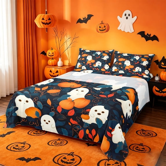 Homewish Whimsical Halloween Ghost Bed Sheets,Mixed Pumpkin Leaf Print Full Size Sheets,Deep Navy Orange,4pcs,1 Flat Sheet,1 Fitted Sheet and 2 Pillowcases