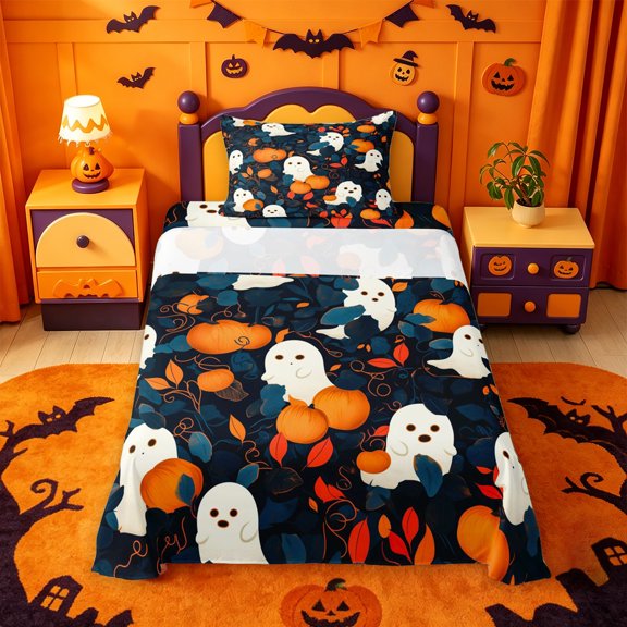 Homewish Whimsical Halloween Ghost Twin Sheets,Mixed Pumpkin Leaf Print Bedding,Deep Navy Orange,3 Pieces,1 Fitted Sheet and 1 Pillowcase