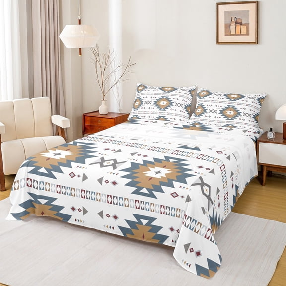 Homewish White Aztec Bed Sheets 4pcs, Bohemian Geometric King Sheets, Rustic Lodge Cabin Farmhouse Sheet Set, Breathable Home Decor