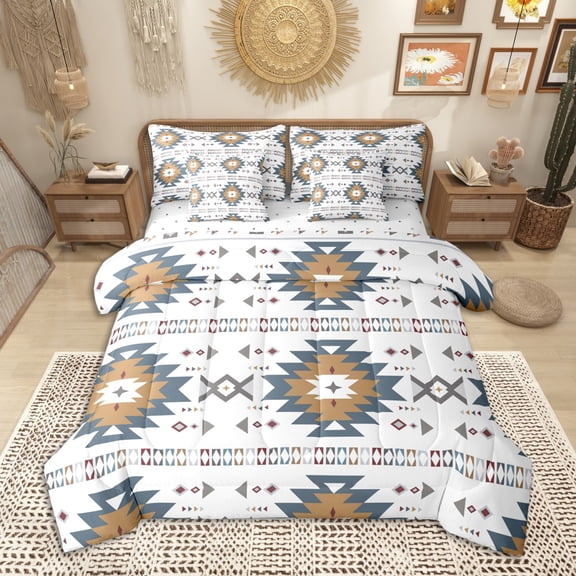 Homewish White Aztec Bedding Comforter Set 7pcs, Bohemian Geometric Queen Bedding Sets, Rustic Lodge Cabin Farmhouse Queen Sheet Sets, Breathable Home Decor