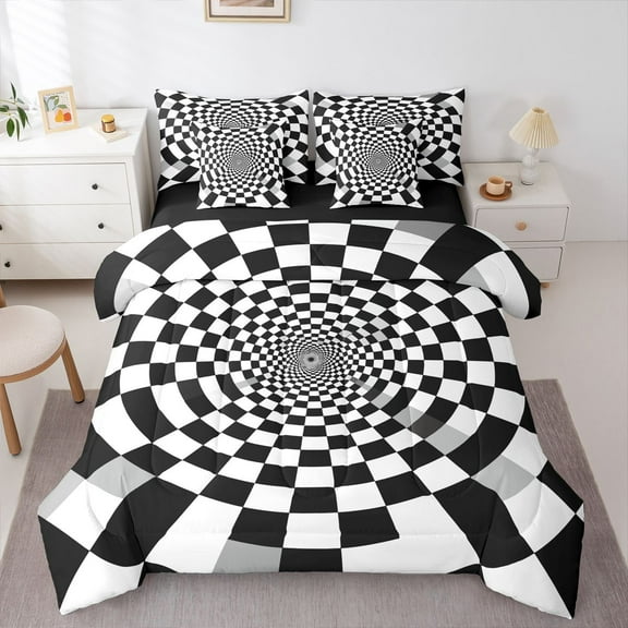 Homewish White Black Checkered 7-Piece Twin Bedding Sets,Classic Minimalist Plaid Bedding Comforter Set,Geometric Buffalo Print Sheet Sets For Girls Teens,Breathable Home Decor Reversible