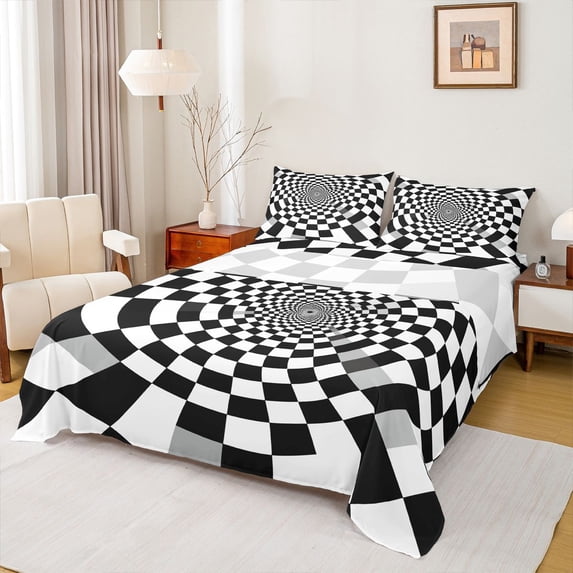 Homewish White Black Checkered Twin Sheet Sets,Classic Minimalist Plaid Twin Fitted Sheet,Geometric Buffalo Print Flat Sheet For Girls Teens,Breathable Home Decor,3-Piece