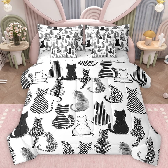 Homewish White Black Kitten Twin Bedding Sets 7-Piece, Kawaii Cartoon Cart Lover Bedding Comforter Set, Teens Kids Boys Girls Sheet Sets, Super Cozy Room Decor