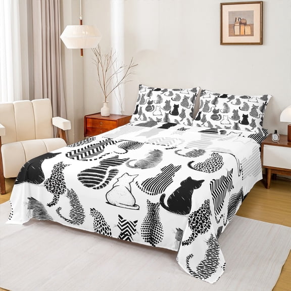 Homewish White Black Kitten Twin Sheet Sets, Kawaii Cartoon Cart Lover Twin Fitted Sheet, Teens Kids Boys Girls Flat Sheet, Super Cozy Room Decor, 3-Piece