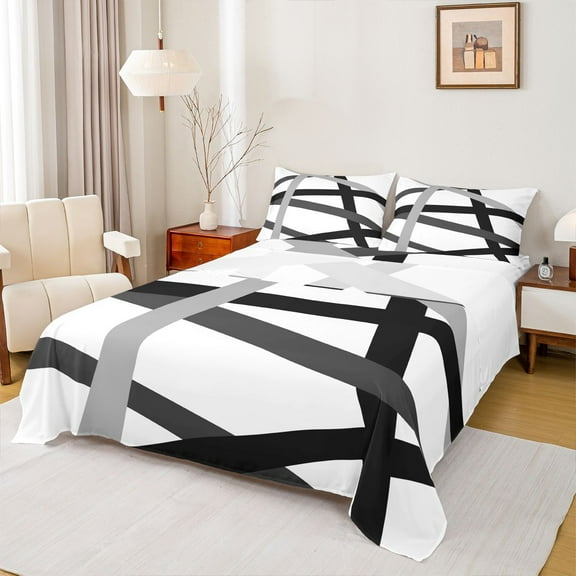 Homewish White Black Lines Twin Sheet Sets,Modern Asbtract Geometric Twin Fitted Sheet,Minimalism Style Flat Sheet For Men Women,Super Cozy Room Decor,3 Pieces
