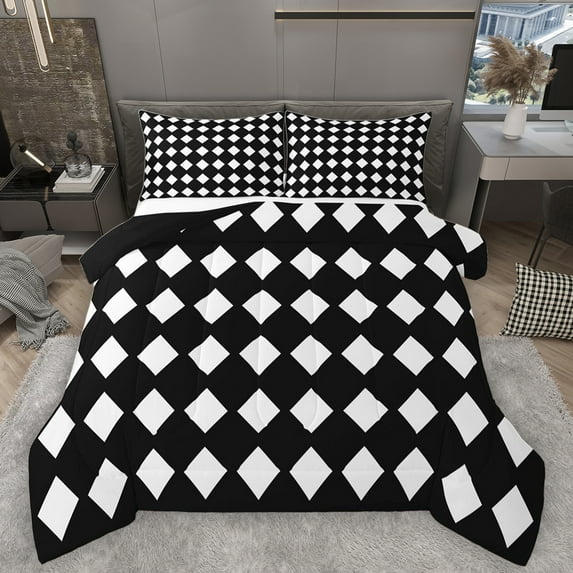 Homewish White Black Rhombus Queen Comforter Set,Modern Geometric Textured Bedding Sets,Geometric Artistic Bedding Comforter Set For Boys Girl,Breathable Home Decor Reversible,3-Piece