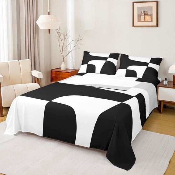 Homewish White Black Twin Sheet Sets,Modern Asbtract Geometric Twin Fitted Sheet,Minimalist Style Flat Sheet For Men Women,Super Cozy Room Decor,3 Pieces