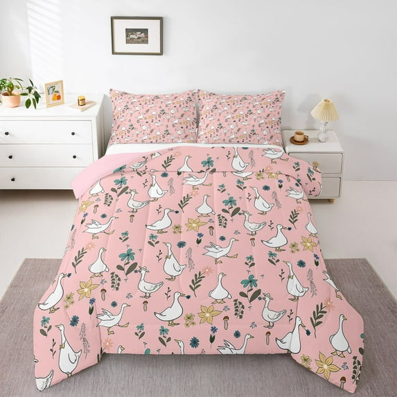 Homewish White Cute Duck Bedding Comforter Set,Rustic Farmhouse Cabin Twin Comforter Sets,Retro Country Floral Bedding Set For Girsl Kids,Ultra Soft Home Decor Reversible,2pcs