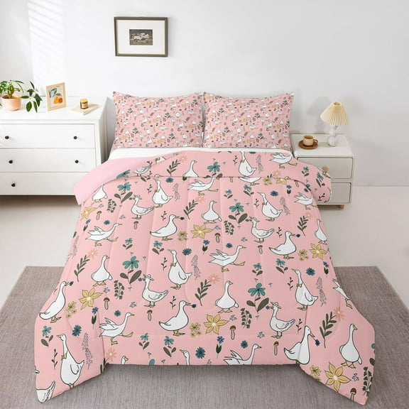 Homewish White Cute Duck Bedding Comforter Set,Rustic Farmhouse Cabin Twin Comforter Sets,Retro Country Floral Bedding Set For Girsl Kids,Ultra Soft Home Decor Reversible,2pcs