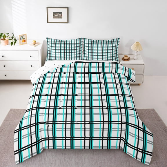 Homewish White Cyan Buffalo Queen Comforter Set for Teens, Chic Checkered Square Bedding Sets, Modern Fashion Reversible Bedding Comforter Set, Microfiber Bedroom Decor, 3-Piece