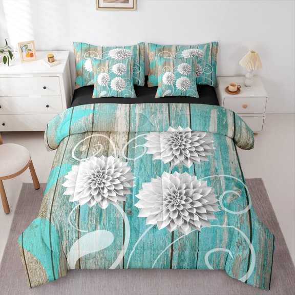 Homewish White Daisy 7-Piece Twin Bedding Sets for Female Men Teens,Chic Flowers Bedding Comforter Set,Rustic Lodge Cabin Breathable Sheet Sets,Super Cozy Room Decor,Reversible