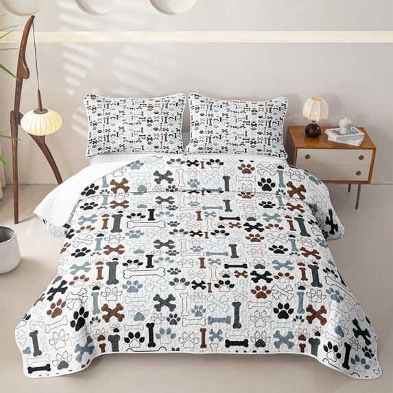 Homewish White Dog Paw Bone Quilt King,Cartoon Animal King Coverlet Set,3pcs