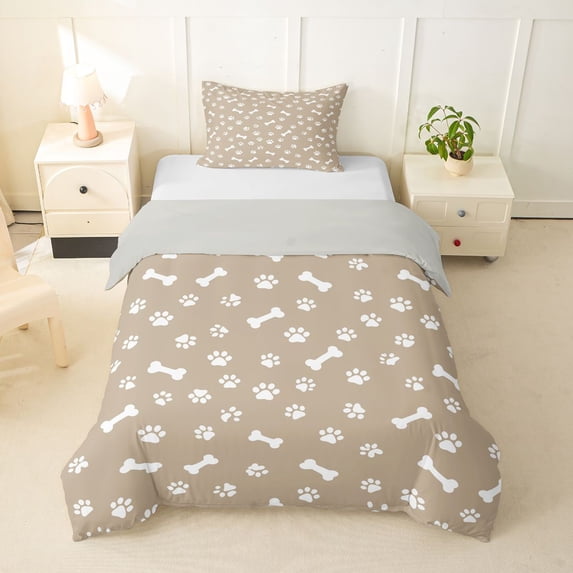 Homewish White Dog Paw Bone Twin Duvet Cover,Beige Twin Bedding,Cute Pet Theme Decor,Light Gray Reversible,2 Pieces,1 Duvet Cover and 1 Pillowcase