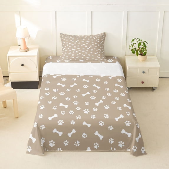 Homewish White Dog Paw Bone Twin Sheets,Beige Bedding,Cute Pet Theme Decor,3 Pieces,1 Fitted Sheet and 1 Pillowcase