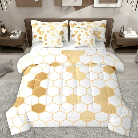 Homewish White Gold Honeycomb Bedding Comforter Set 7pcs for Adult, Modern Fashion Abstract Queen Bedding Sets, Chic Hexagon Reversible Queen Sheet Sets, Ultra Soft Bedroom Decor