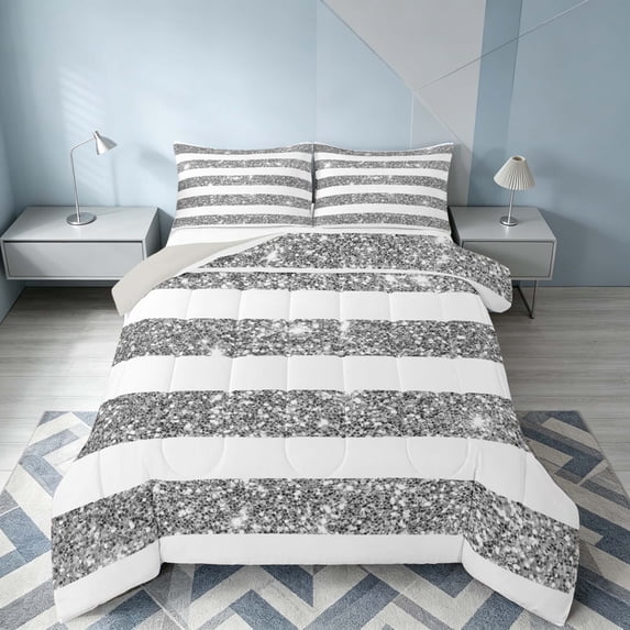Homewish White Gray Stripes Queen Comforter Set for Girls, Psychedelic Stars Comforter Sets Queen, Gray Reversible, 3-Piece 1 Comforter and 2 Pillowcases