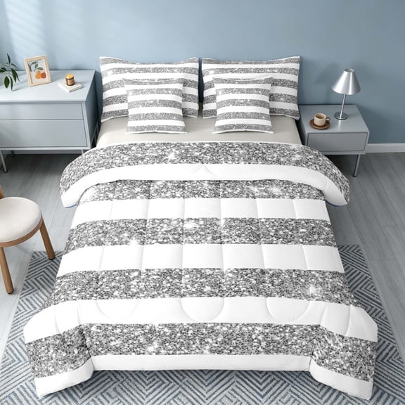 Homewish White Gray Stripes Twin Bedding for Girls, Psychedelic Stars Bedding Comforter Set, Gray Reversible, 7pcs