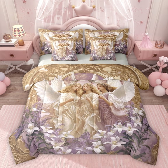 Homewish White Lily 7pcs Bedding Comforter Set,Chic Angel Girls Queen Bedding Sets,Gold Purple Queen Sheet Sets For Adults,Super Cozy Room Decor Reversible