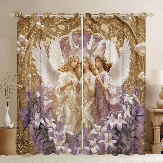 Homewish White Lily Black Out Curtains,Chic Angel Girls Curtains Pack of 2 (42x63 Each),Gold Purple Bedroom Curtains For Adults,Super Cozy Room Decor